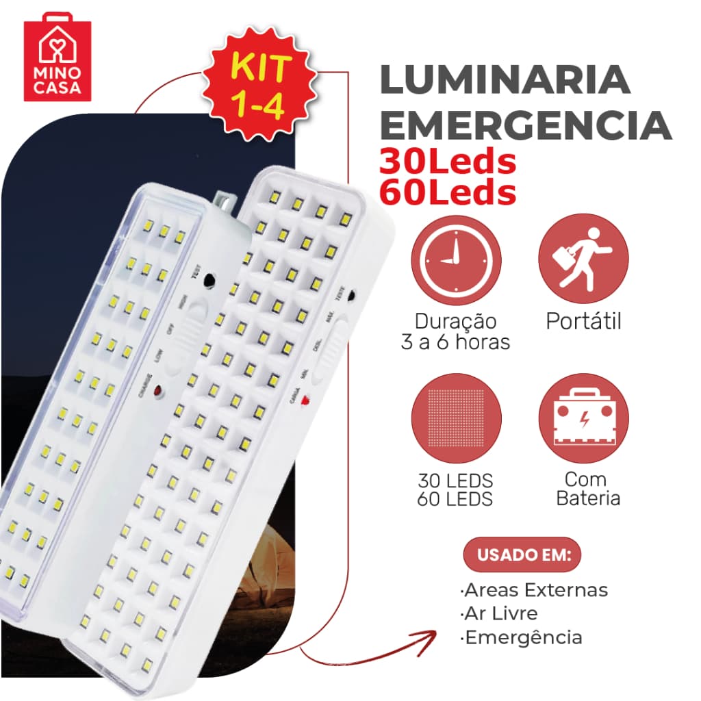 Luminária Emergência Lâmpada 30 ou 60 Leds Recarregável Bivolt Luz Branca Fria