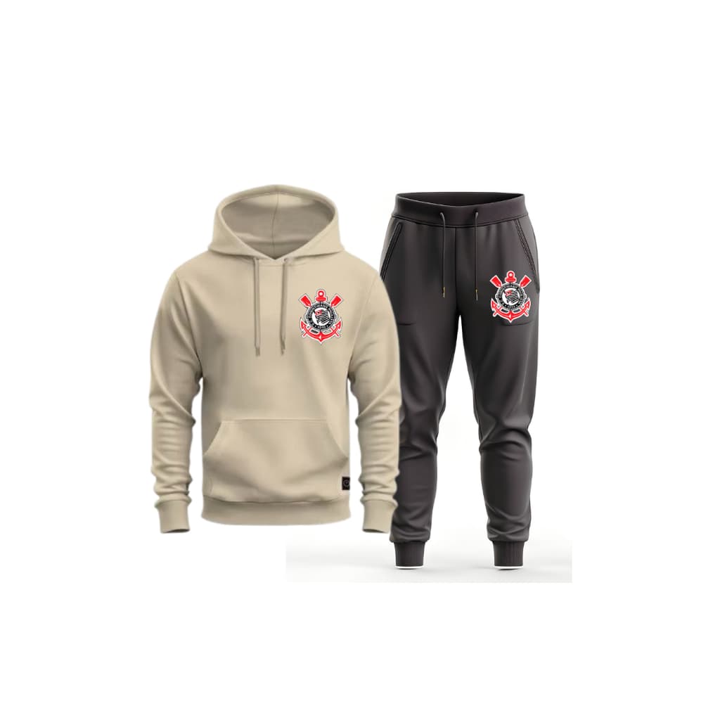 Kit Moletom Conjunto Blusa de Frio e Calça Flanelada Preto Bege Timão Paulista Capuz e Bolso Premium