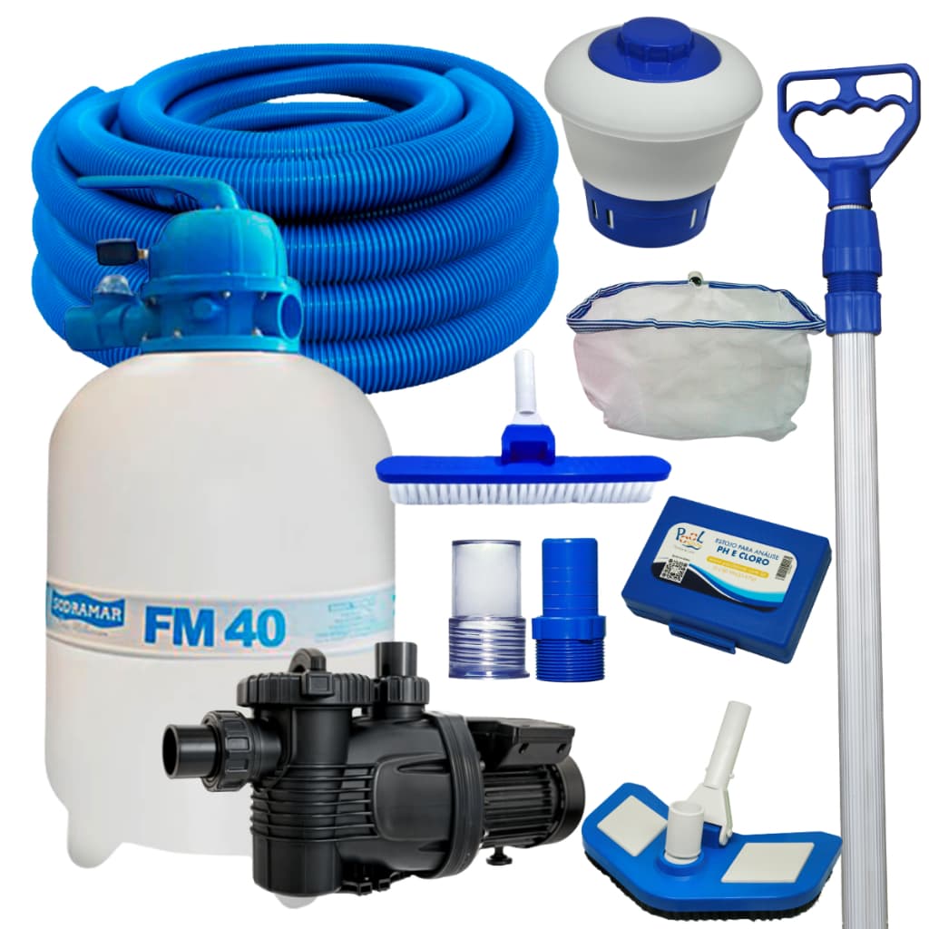 Kit Filtro FM40 Sodramar Com Motobomba Piscina Aquaflow 1/2cv e Kit de Limpeza e Manutenção Completo