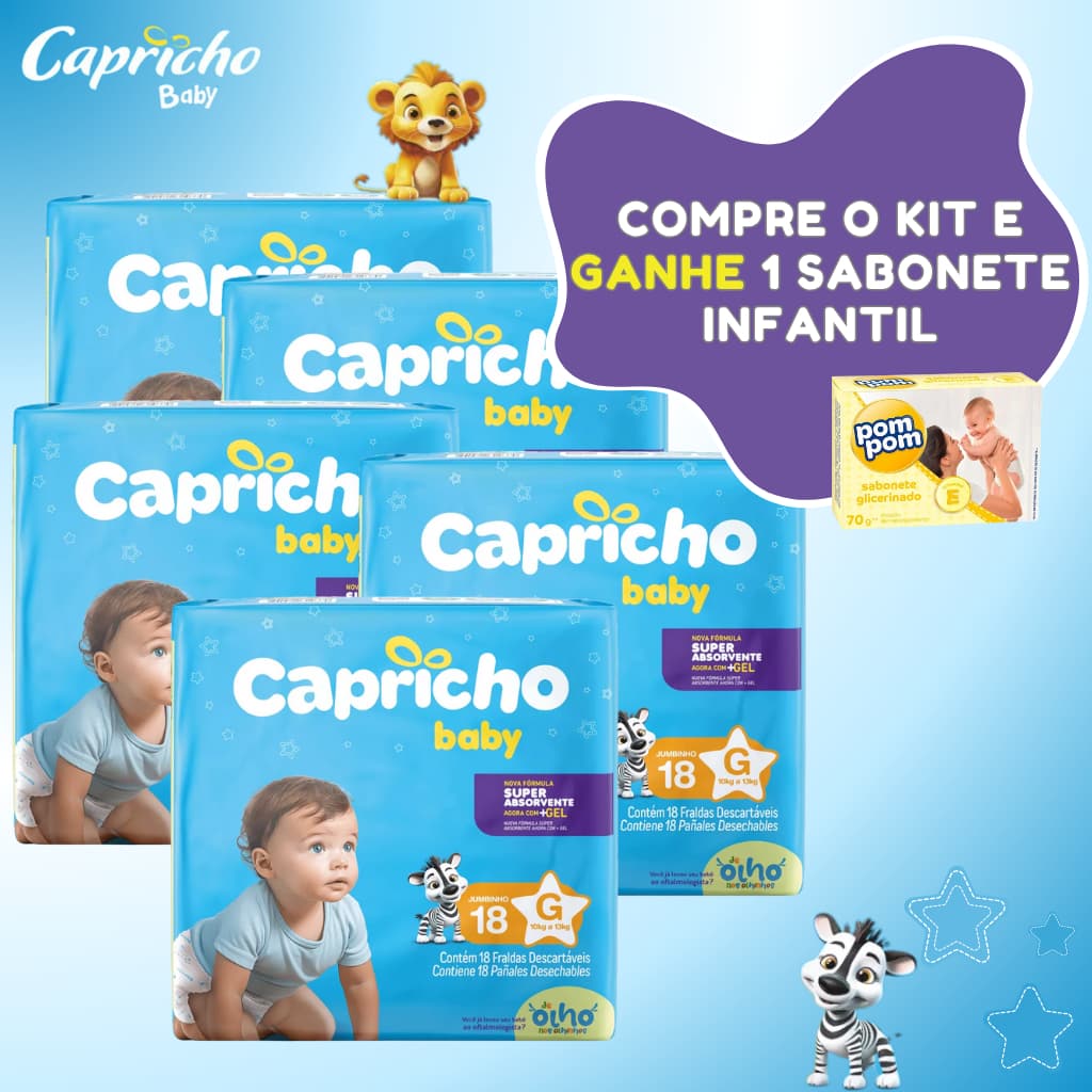 Kit 5 Pacote de Fralda Descartável Capricho Baby + Sabonete