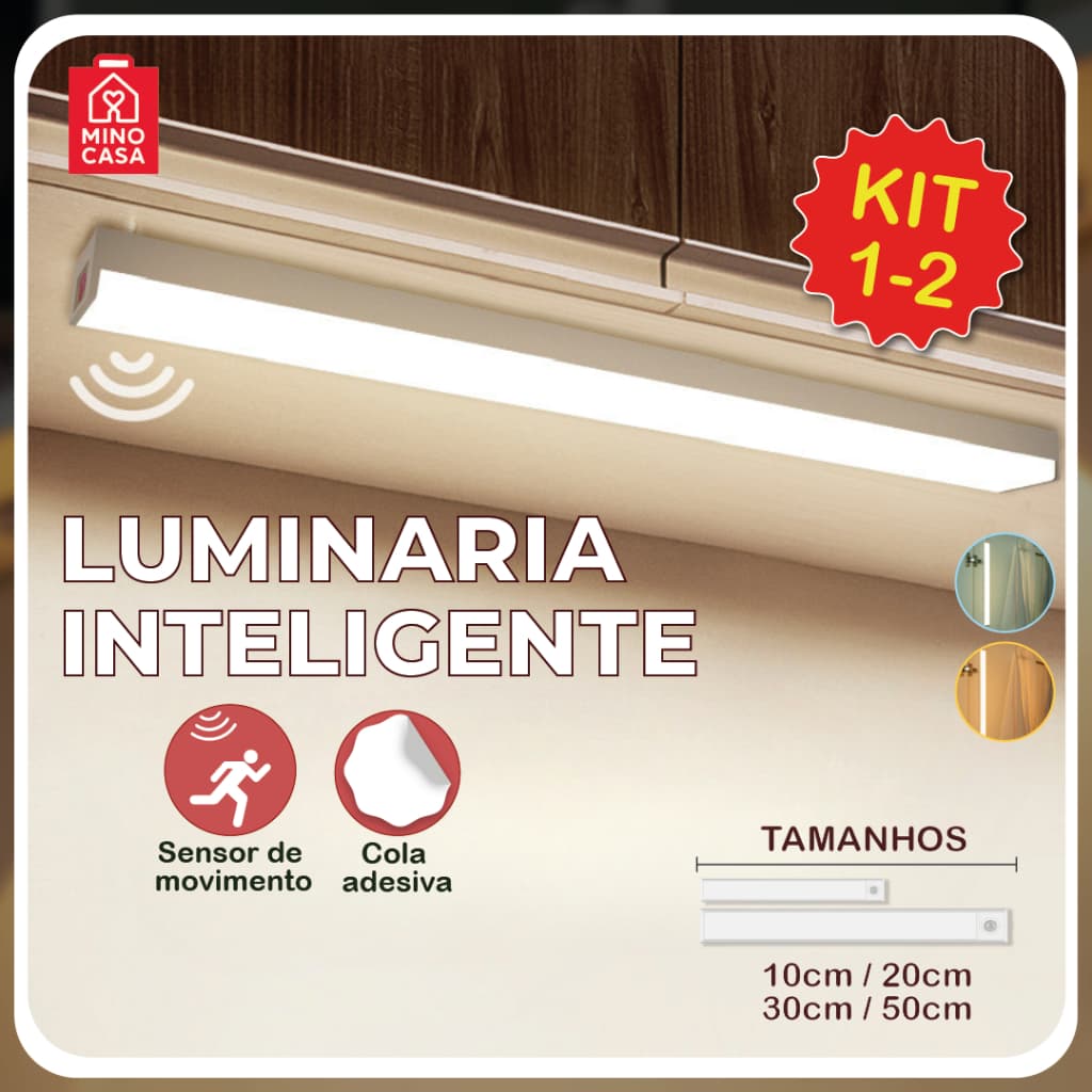 Smart Luminária Inteligente Ultra LED com sensor de movimento sem fio Recarregável USB fino barra 10/20/30/50cm