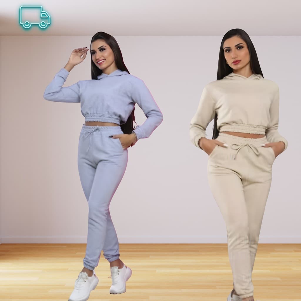 Conjunto Feminino Inverno de Moletom  Calça Jogger e Cropped Com Capuz M G 2026