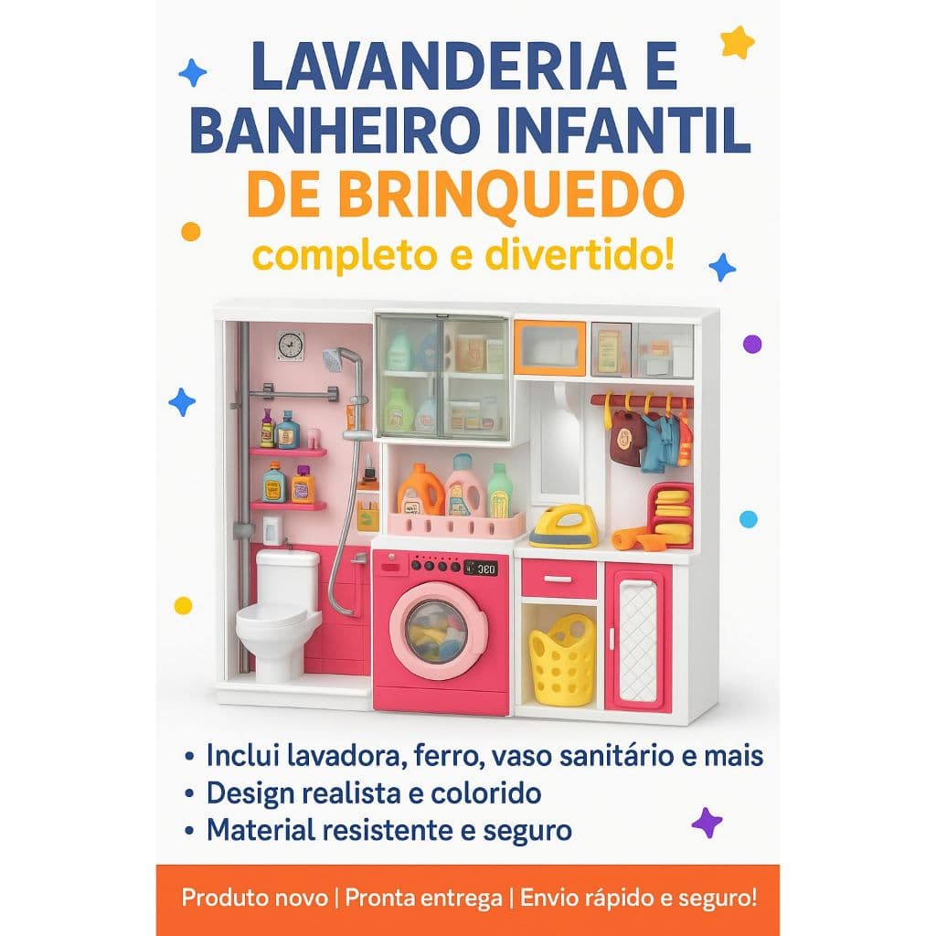 Lavanderia e Banheiro Infantil de Brinquedo com acessórios Divertido!