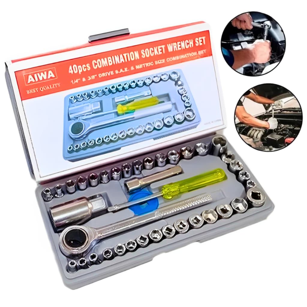 Kit De Ferramentas Catraca Reversível Jogo Soquetes Sextavo Chave Adapitador 40 Peças Jogo Completo