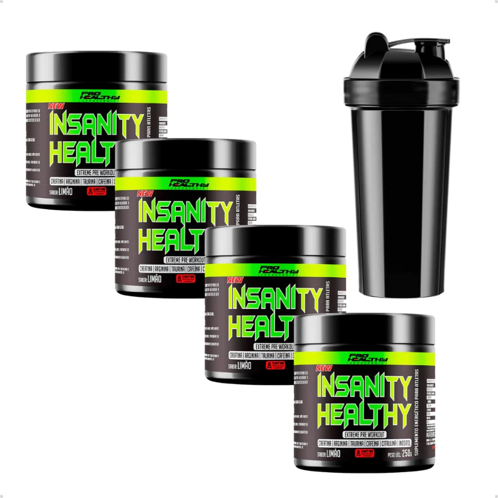 Kit 4x Pre Treino Insanity Com Creatina Pro Healthy Sabores + Coqueteleira