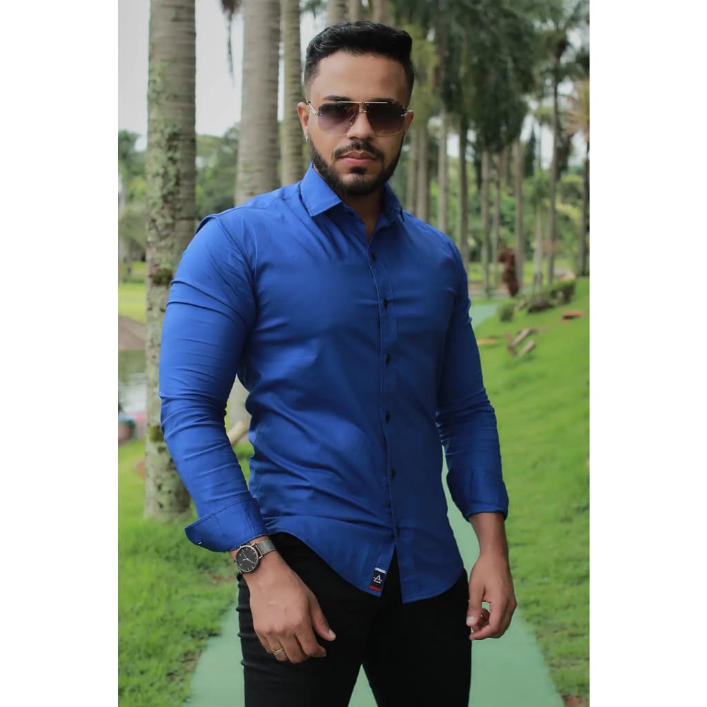 Camisa Masculina Social Manga Longa Slim Fit Elegante em Algodão com Elastano