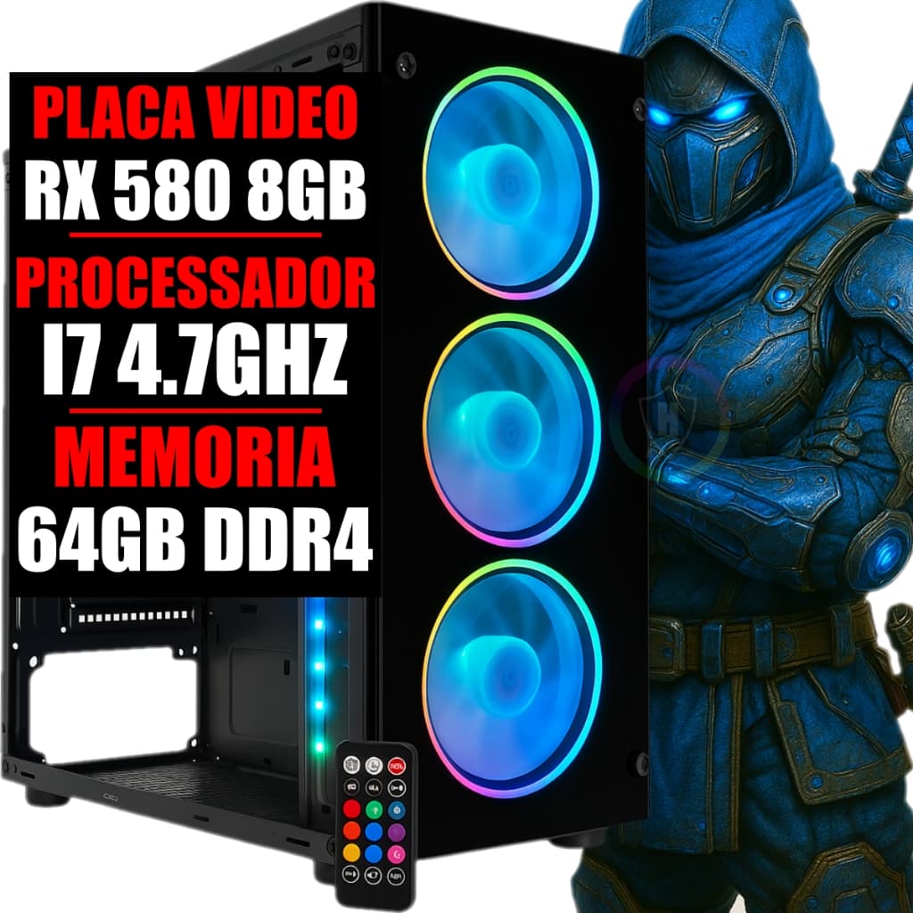 PC Gamer Computador Cpu Intel I7 9 Geração 4.7Ghz / Placa Video Rx 580 8GB / 64GB Ddr4 / 480Gb Ssd