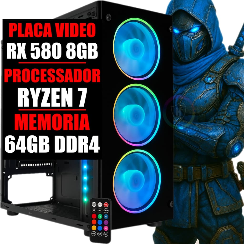 Cpu Computador PC Gamer Amd Ryzen 7 / Placa Video Rx 580 8GB / 64GB Ddr4 / SSD 480GB