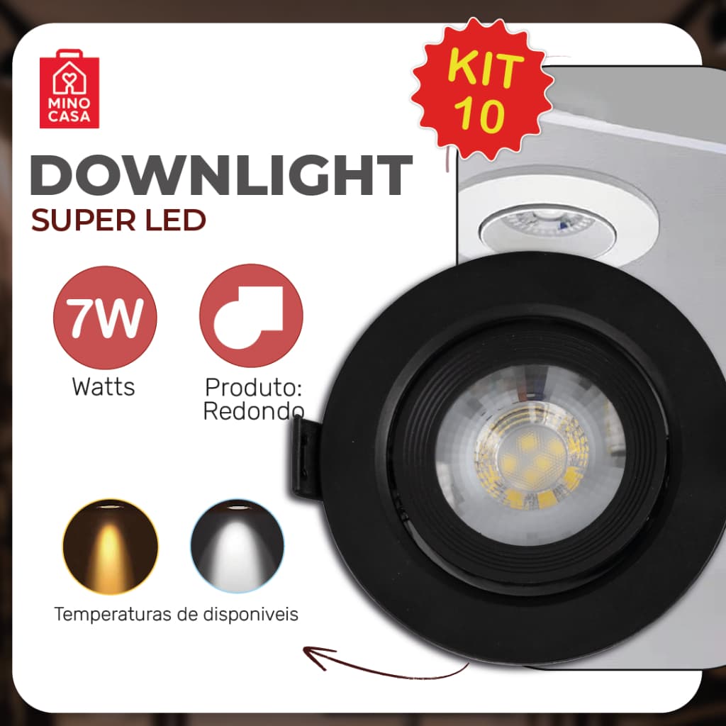 Kit 10 Luminária Spot Led Redondo Direcionável 7W Embutir Gesso Teto Preto |Luz Branca/Luz Amarela Bivolt Spot Super LED