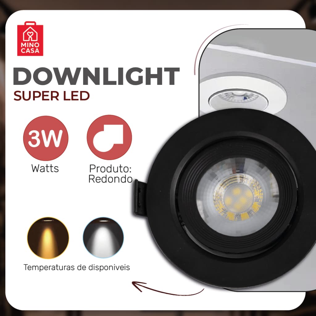Luminária Spot Led Redondo Direcionável 3W Embutir Gesso Teto Preto |Luz Branca / Luz Amarela Bivolt Spot Super LED