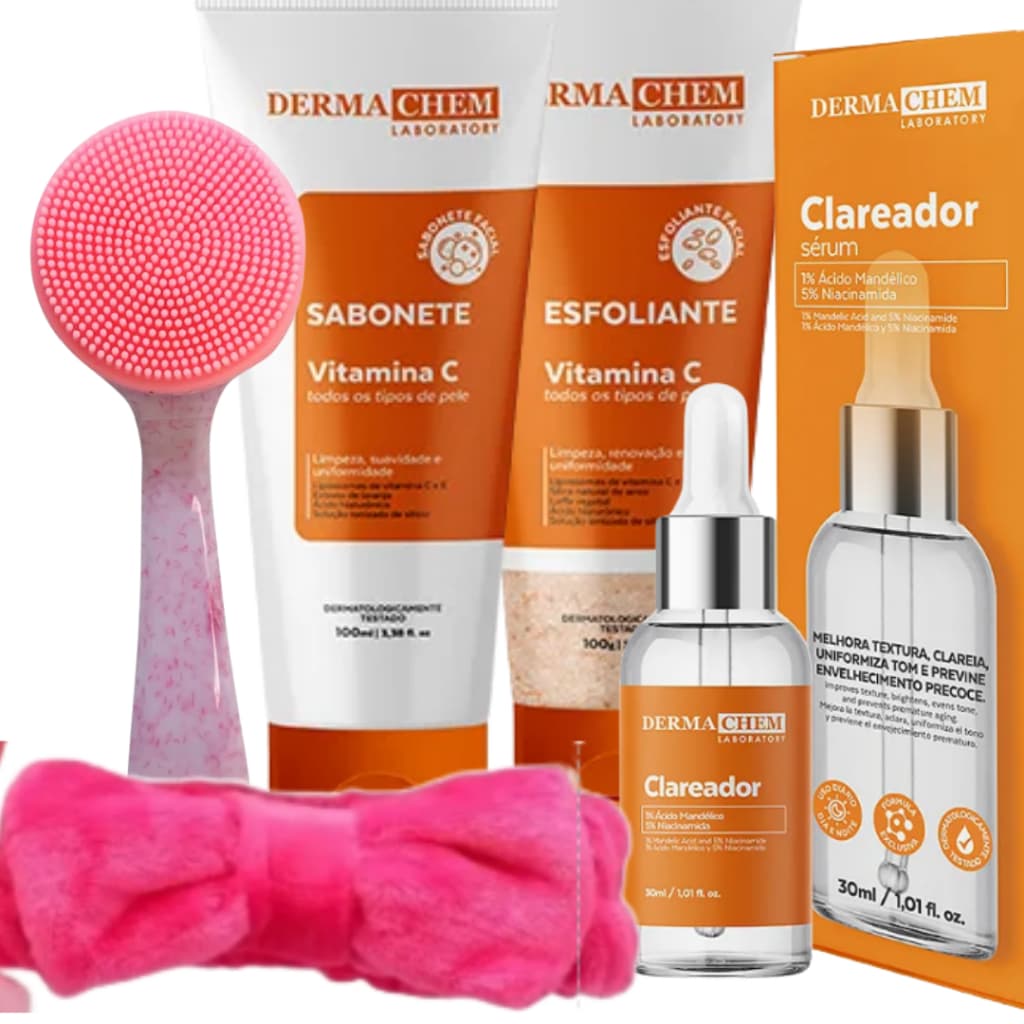 KIT SKINCARE ANTI-IDADE, VITAMINA C, ANTIOXIDANTE E CLAREADOR  - SABONETE, ESFOLIANTE, GEL E SÉRUM