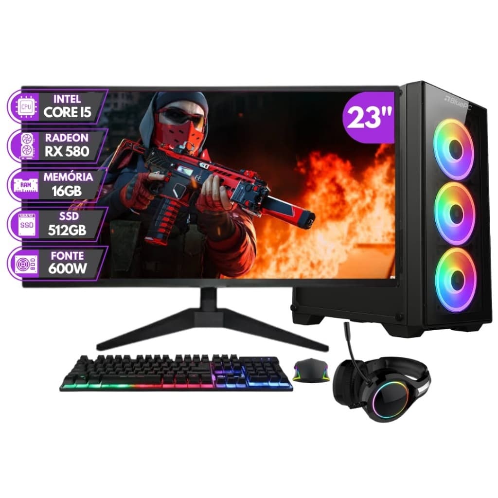 PC GAMER COMPLETO BLUEPC RUSH - INTEL CORE I5 16GB RAM RADEON RX 580 8GB SSD 512GB MONITOR 23" 75HZ