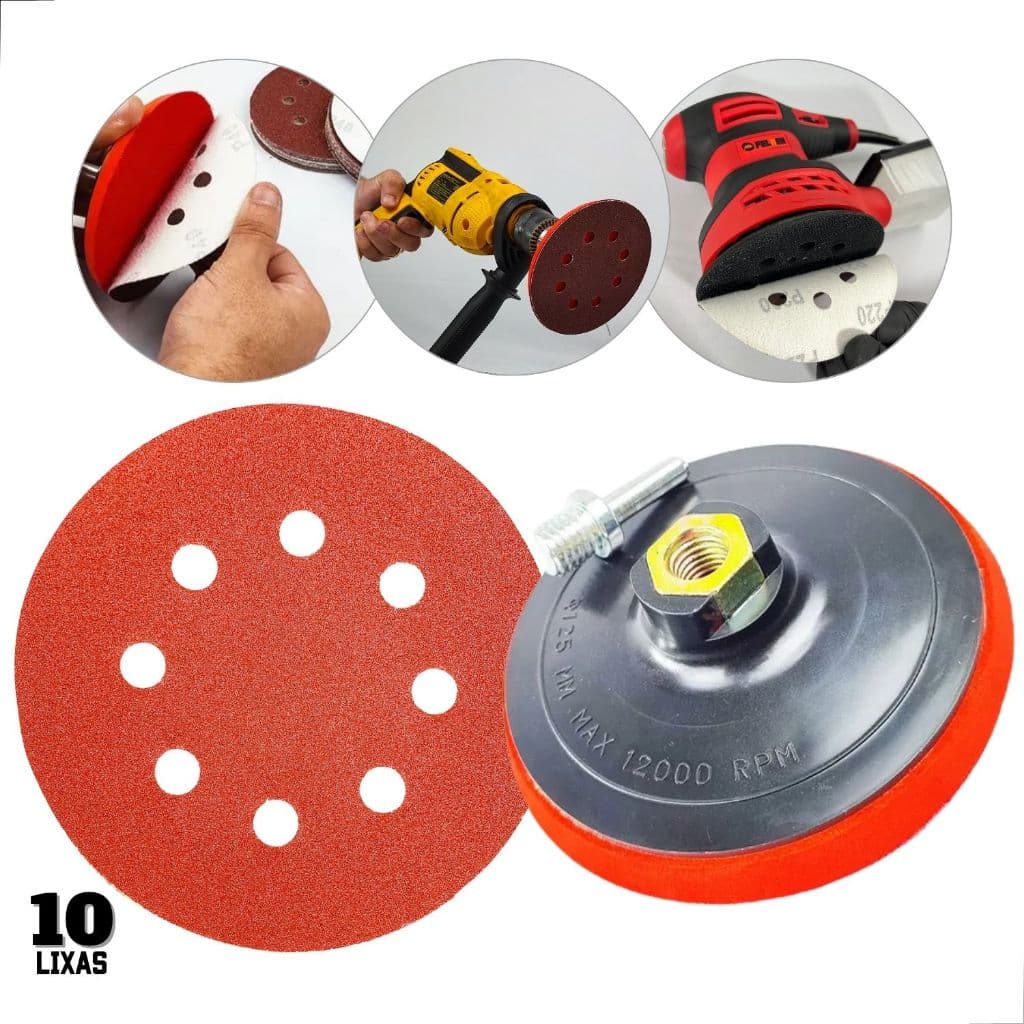 Kit 10 Discos Lixas para Lixadeiras Roto Orbital 125mm + Suporte Furadeira/Esmerilhadeira - FELSEN