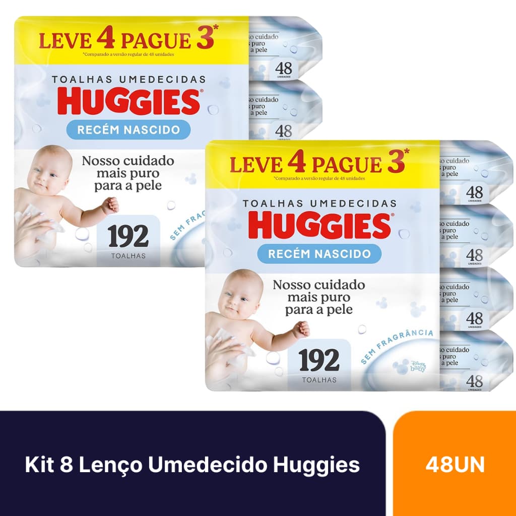 Kit 8 Lenço Umedecido Infantil Huggies Recém-Nascido Pacote Com 48 Unidades