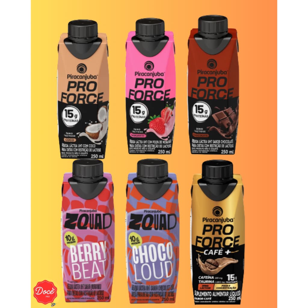 Pack com 6 unidades sabores variados Bebida láctea WHEY PRO FORCE E ZQUAD 250ML - PIRACANJUBA