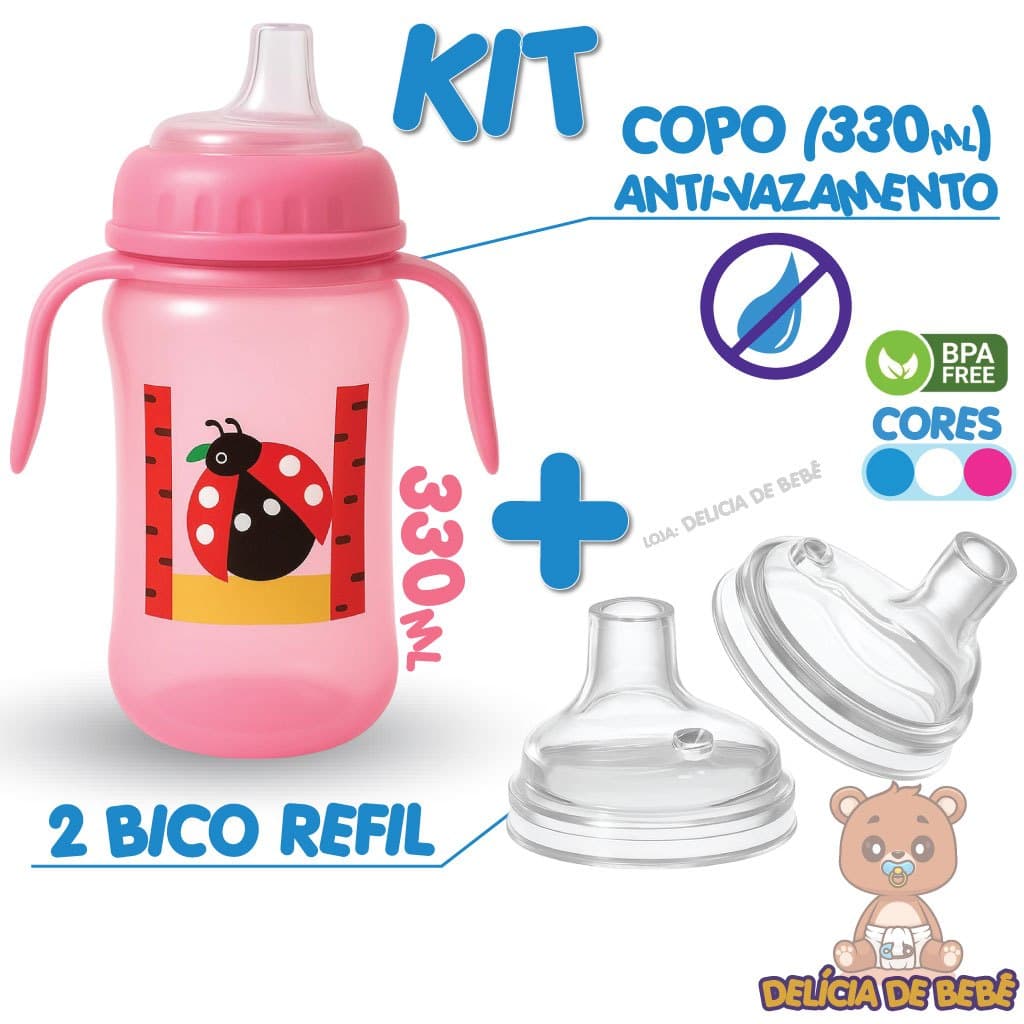 KIT COPO DE TRANSIÇÃO 330ML + BICO REFIL - ANTIVAZAMENTO - ANTI-ENGASGO - PARA BEBÊ - MAMADEIRA
