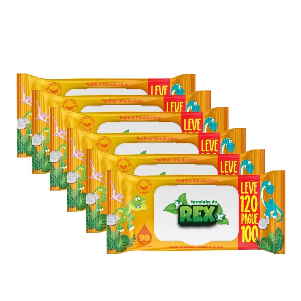 Kit C/6 Lenço Umedecido Turminha Do Rex Leve 120 Pague 100 Unidades