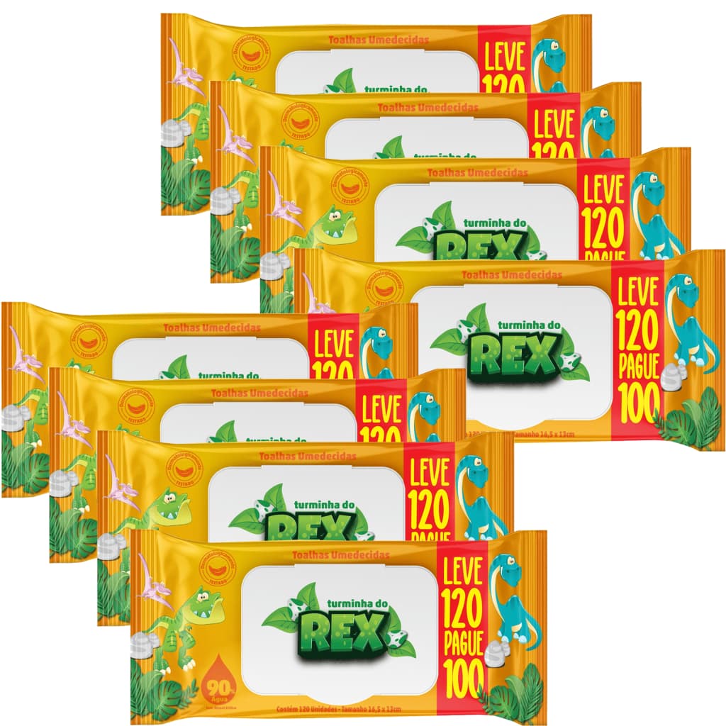 Kit C/8 Lenço Umedecido Turminha Do Rex Leve 120 Pague 100 Unidades