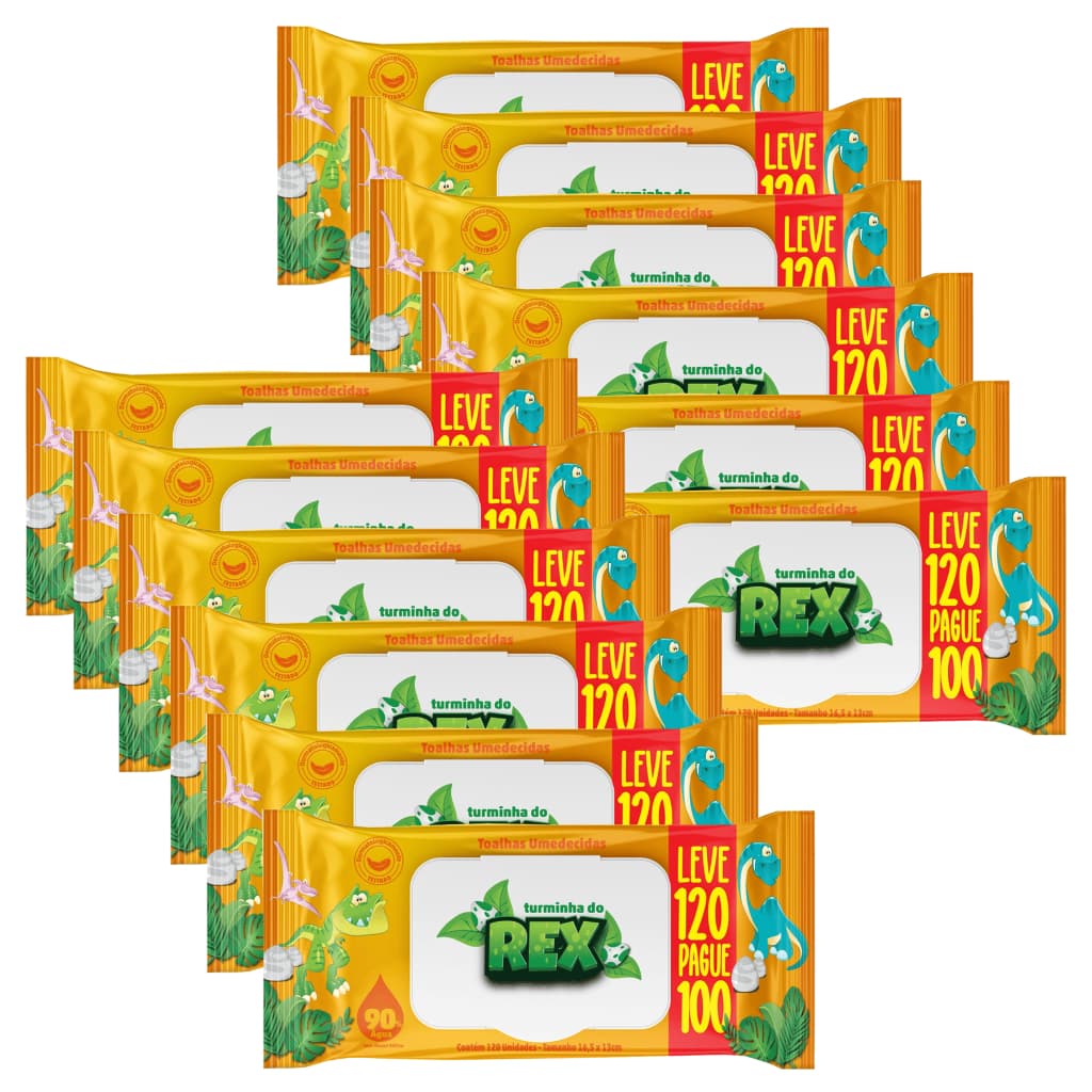Kit C/12 Lenço Umedecido Turminha Do Rex Leve 120 Pague 100 Unidades