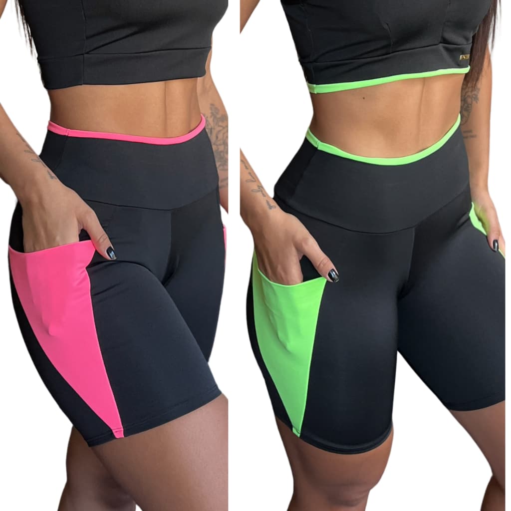 Kit 2 Short Academia Bermuda Fitness Feminina Com Bolso Legging para Malhar Corrida Roupa de Treino Feminino Liso Neon