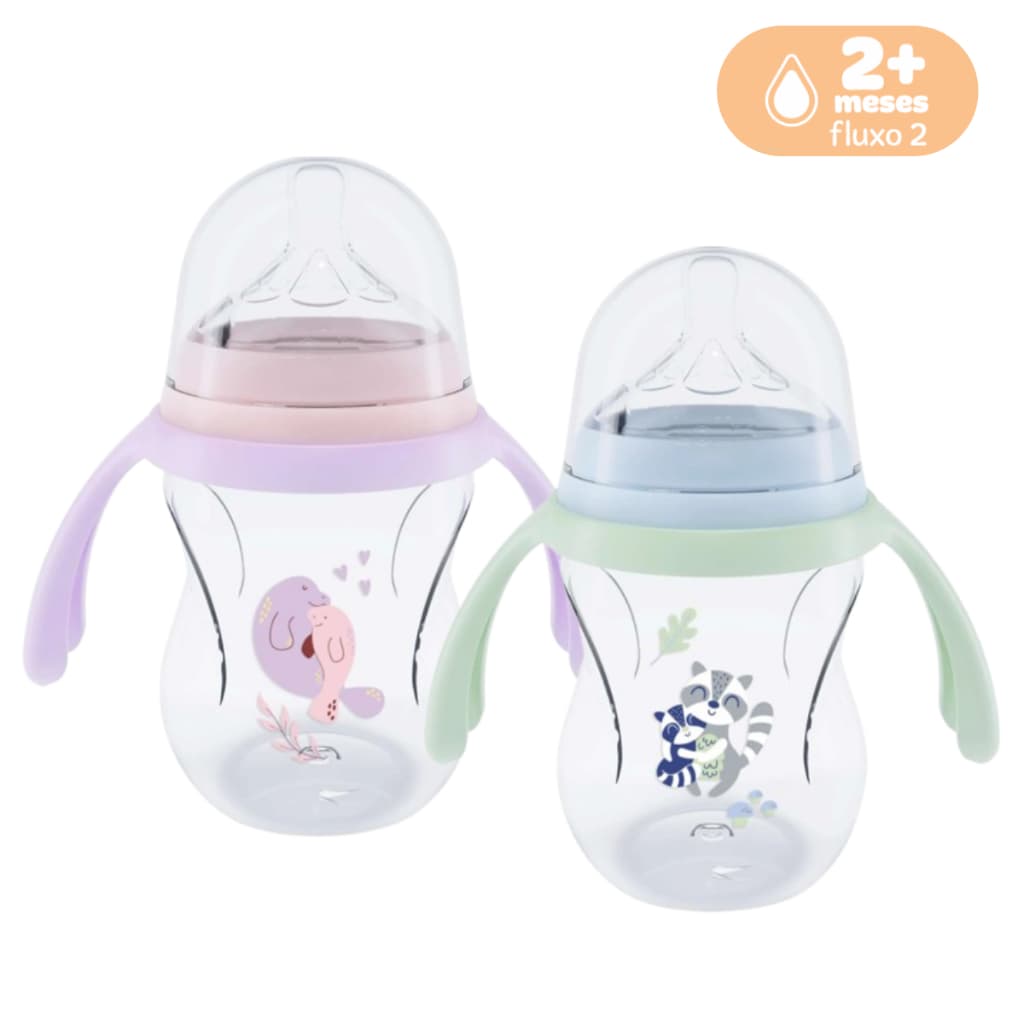Mamadeira Pétala Lolly Anticólica com Alça Fluxo 2 +2m Bico Silicone Reto 250 mL Tampa Antivazamento