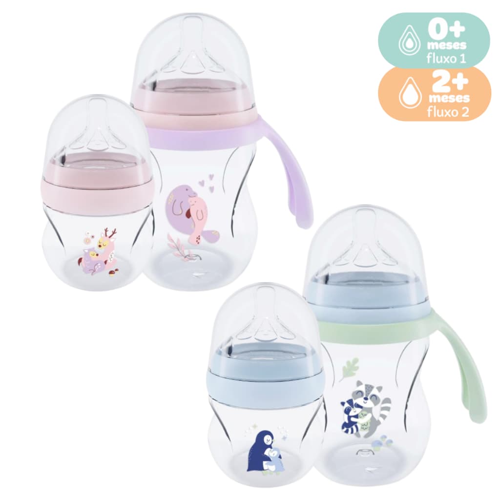 Kit Mamadeiras Bebe Bico Redondo Pétala Lolly Anticólica 130/250 mL +0 Meses Tampa Antivazamento