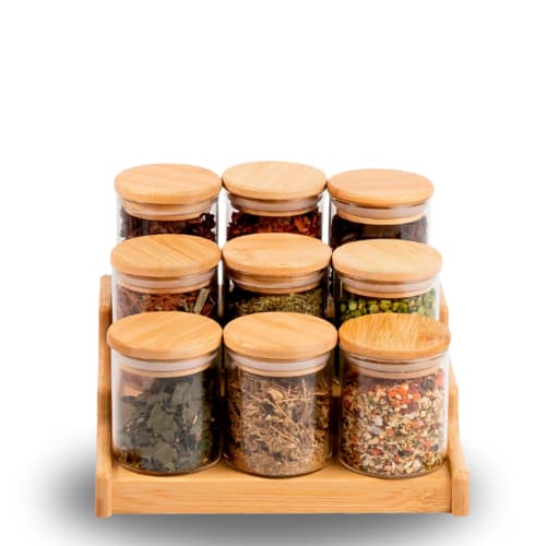 Conjunto Porta Mantimento De Vidro 250ml Hermético Tampa De Bambu Para Alimentos Temperos