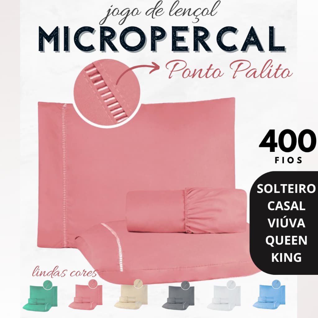 Jogo de Lençol MICROPERCAL 400 Fios - Ponto Palito | Solteiro/Casal/Viúva/Queen/King