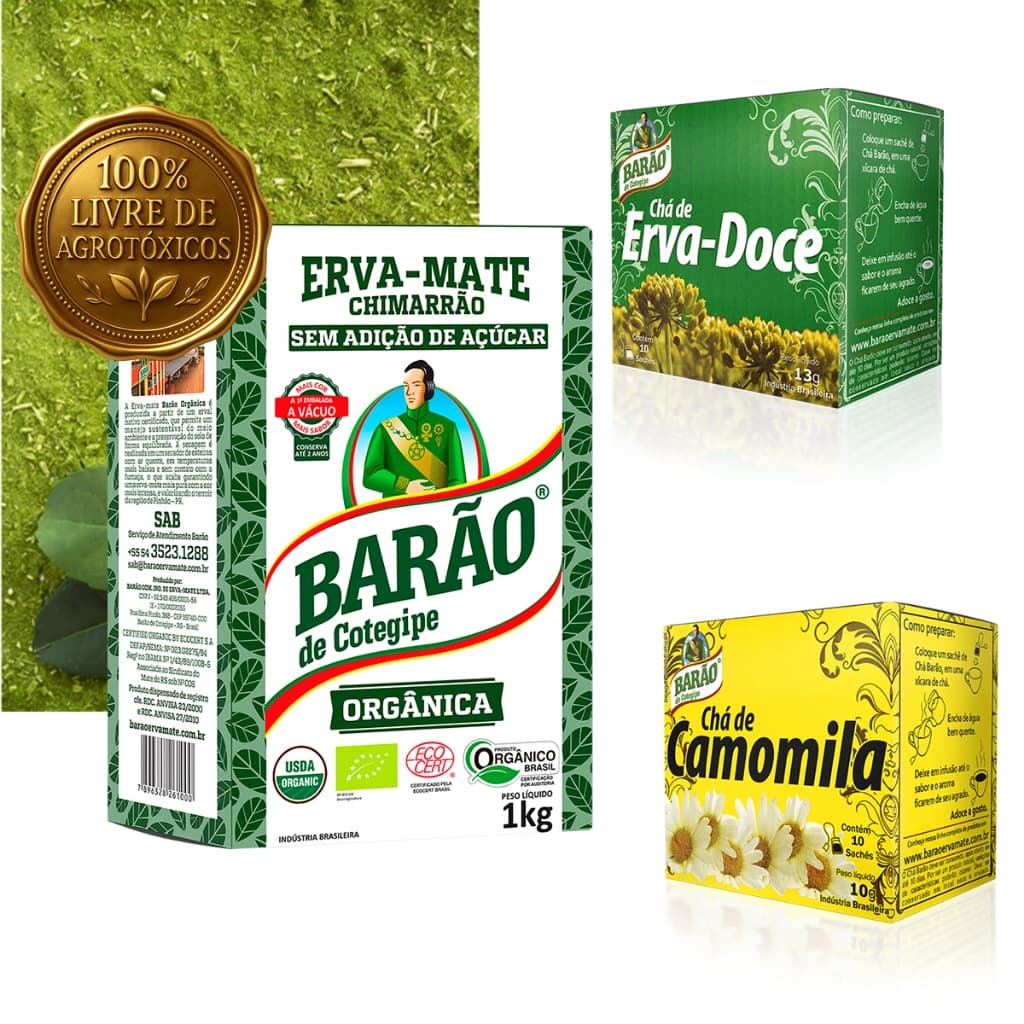Kit Chimarrão Orgânico 1kg Verde & Puro Erva Mate Barão + Chá Camomila e Erva Doce