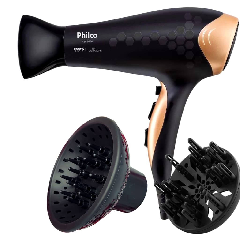 Secador De Cabelo Philco Profissional 2200w Tourmaline Íon Emborrachado Stilus Bivolt Com 2 Difusor De Cachos