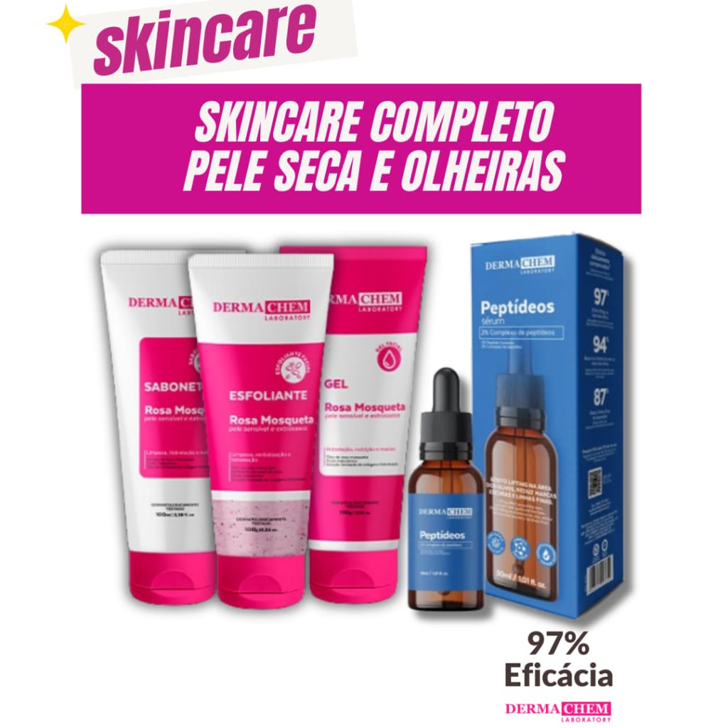 Kit Skincare Rosa Mosqueta Dermachem + Serum Peptideos Anti Idade Efeito Lifting Dermachem