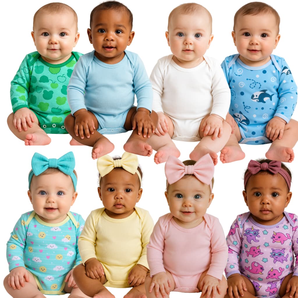 Kit 4 Peças Body Manga Longa Liso e Estampado Enxoval Infantil Bebê Menina Menino 100% Algodão