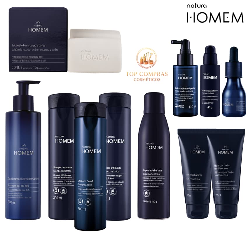 Linha Natura Homem: Hidratante, Sabonetes em Barra, Creme, Gel e Espuma Barbear, Balm Pós-barba, Shampoo, Tônico e mais