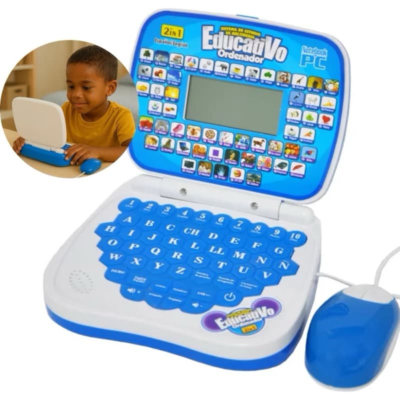 Notebook Educativo Bilíngue Português-Inglês com Música e Matemática + Mouse | Brinquedo Didático Infantil Interativo