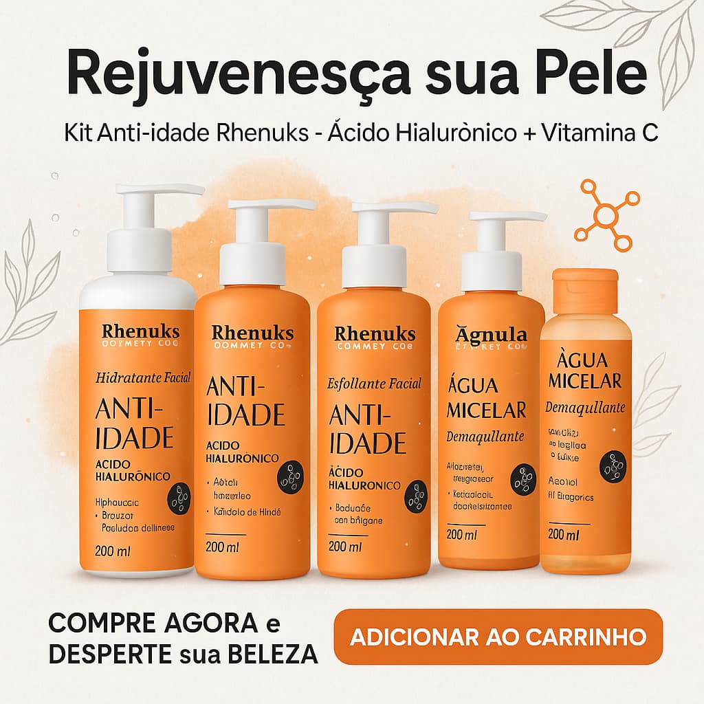 Kit Skincare Rhenunks com 4 Itens Anti-idade, Vitamina C e Ácido Hialurônico Pele Jovem e Hidratada