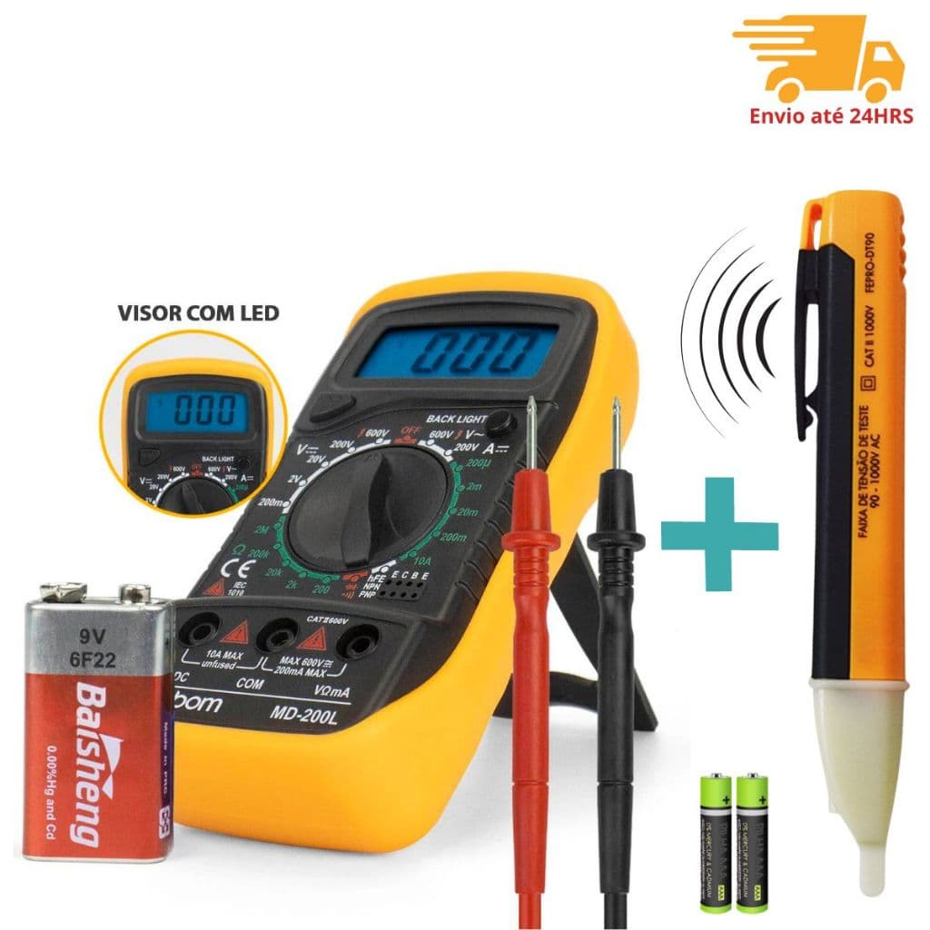 Kit 2 em 1 Multímetro Profissional Digital Iluminado bateria 9V + Caneta Teste Tensão Corrente