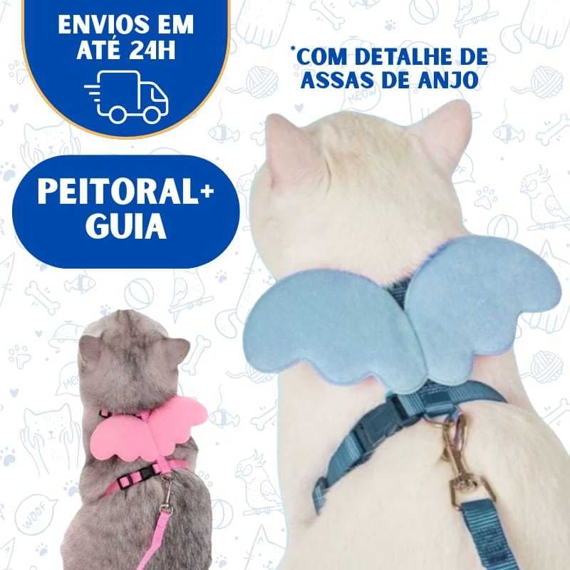Coleira Gato Peitoral Com Guia Asas Estampado Ajustavel