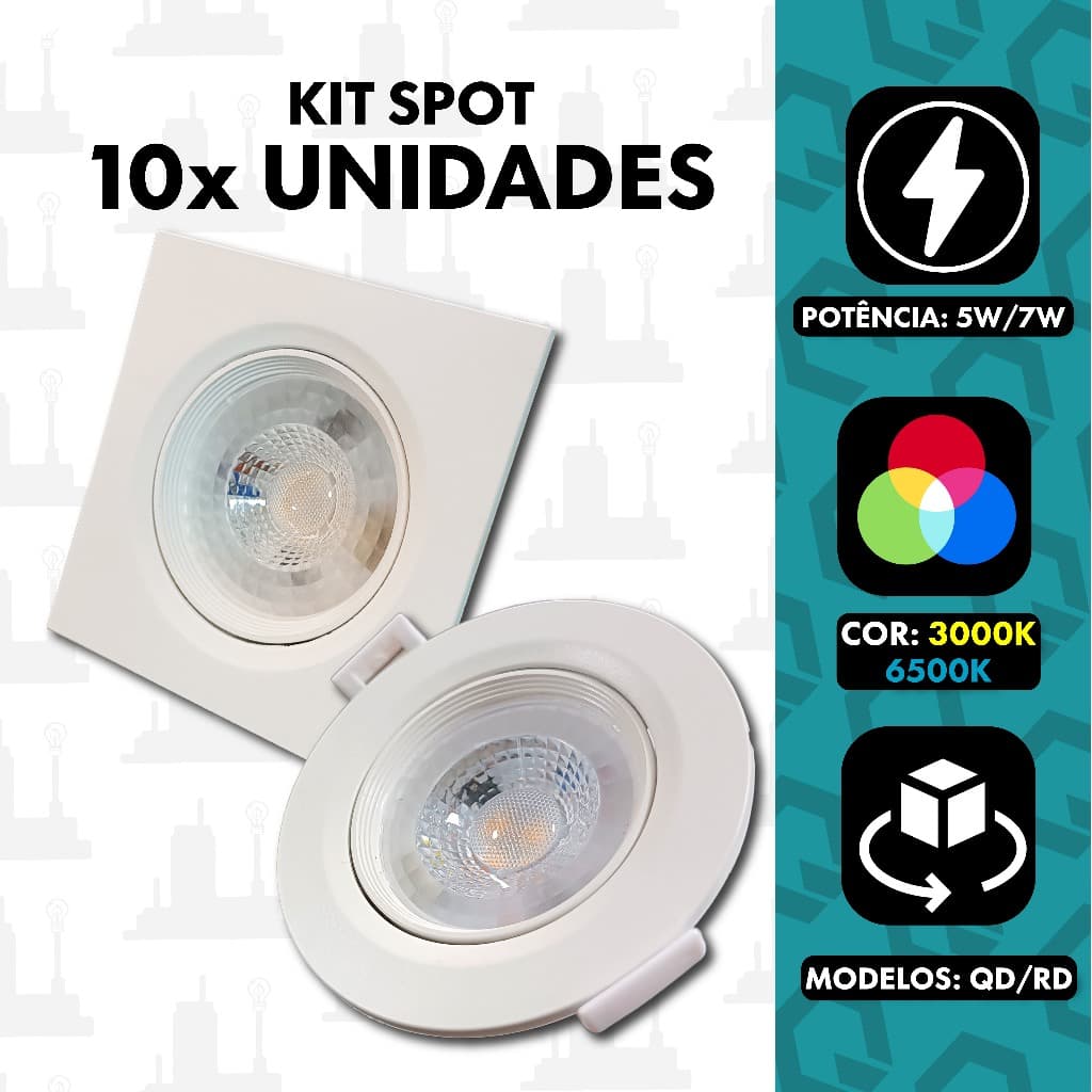 Kit 10 Spot led 5w 7w Luminária Bivolt Direcionavel Quadrado Redondo Embutido Teto Sanca  FABRICA UM
