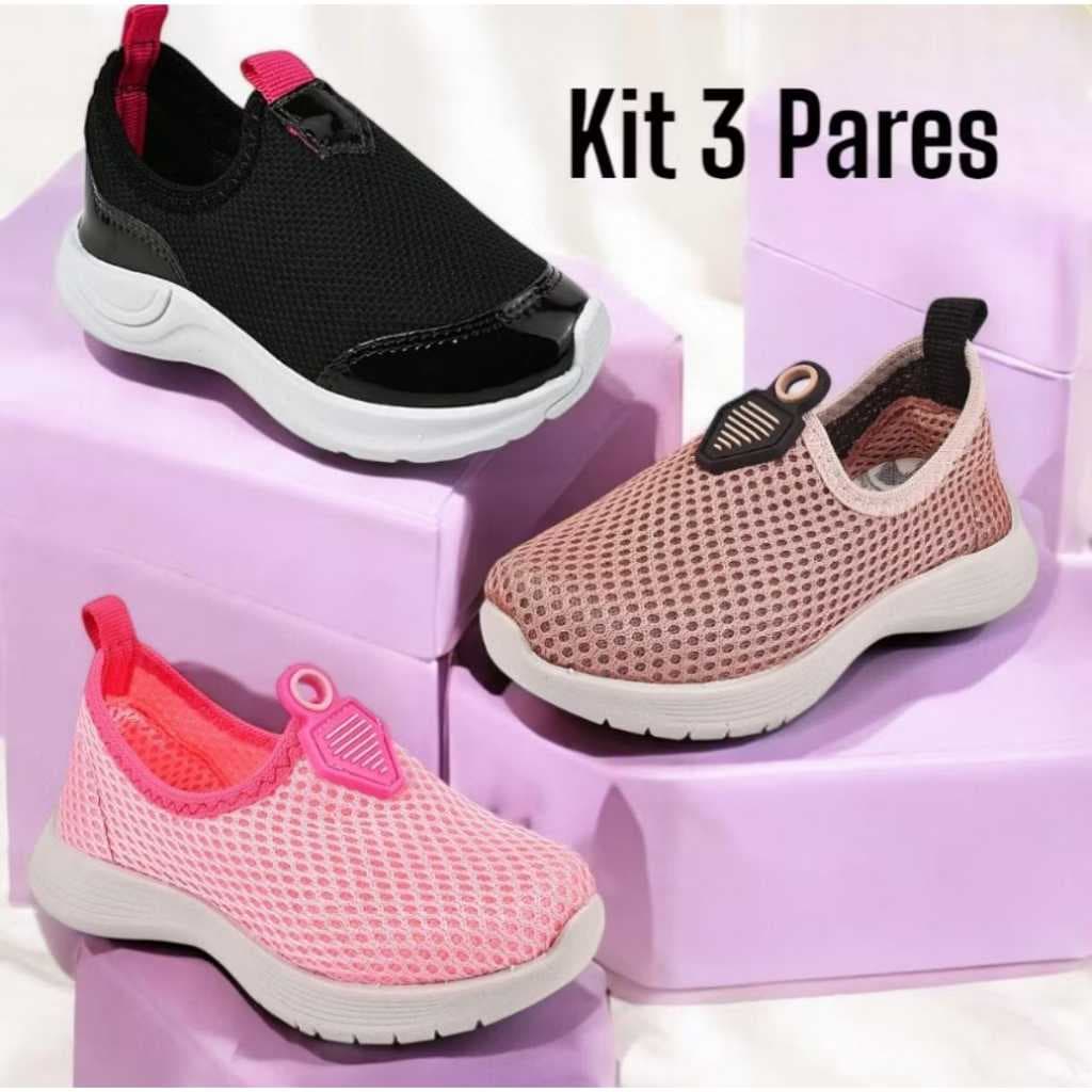 kit com 3 pares de tenis infantil para meninas. Confortável. Drika calçados