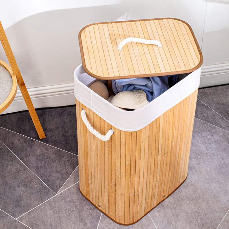 Cesto de Roupa Suja Bege Bambu 70 litros Com Tampa e Alças Forrado Organizador Banheiro