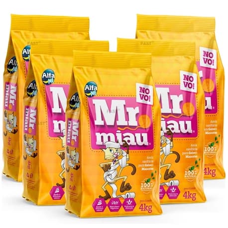 Kit 5 Areia Sanitária Higiênica para Gatos Mr. Miau 100% natural - 4kg