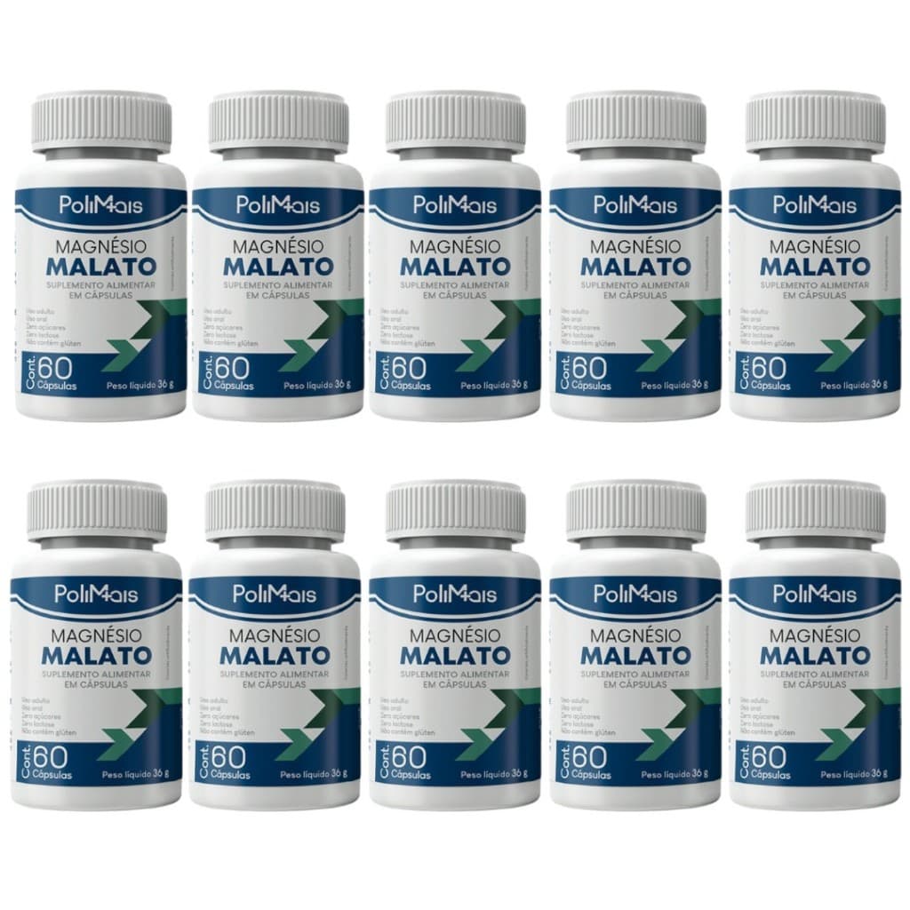 Kit 10 Magnésio Malato Polimais 600 Cápsulas - Mais Energia