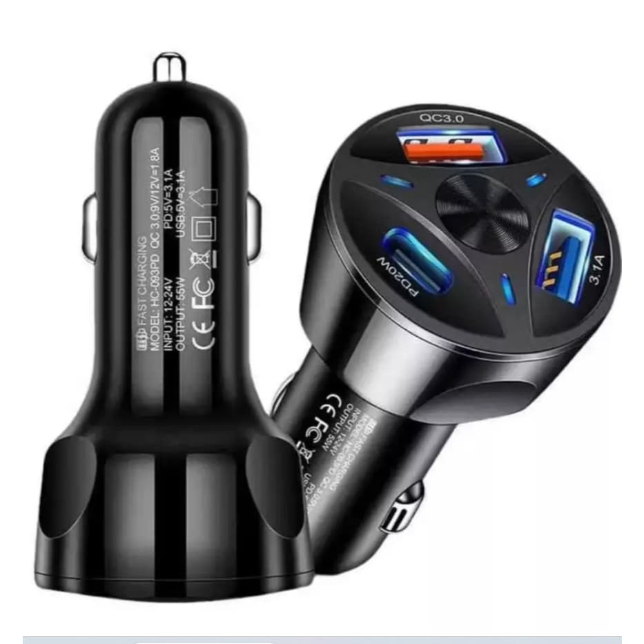 Carregador Veicular 3 Portas USB e Tipo-C Turbo PD 55w powerbank