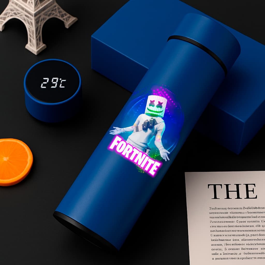 Garrafa Térmica Inox Fortnite 500ml com Termômetro Digital LED Academia Bebida Quente Fria
