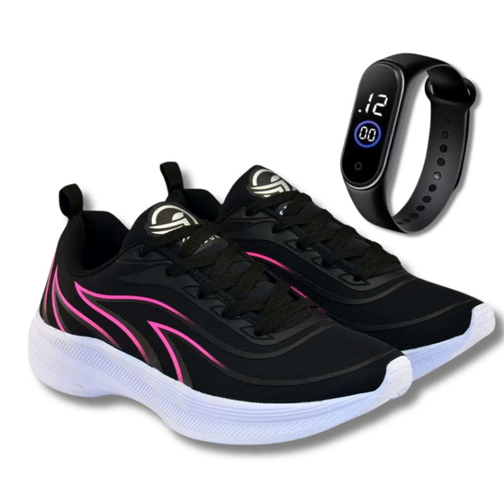 Tênis Feminino Caminhada Esportivo Leve Antiderrapante + Relógio Digital