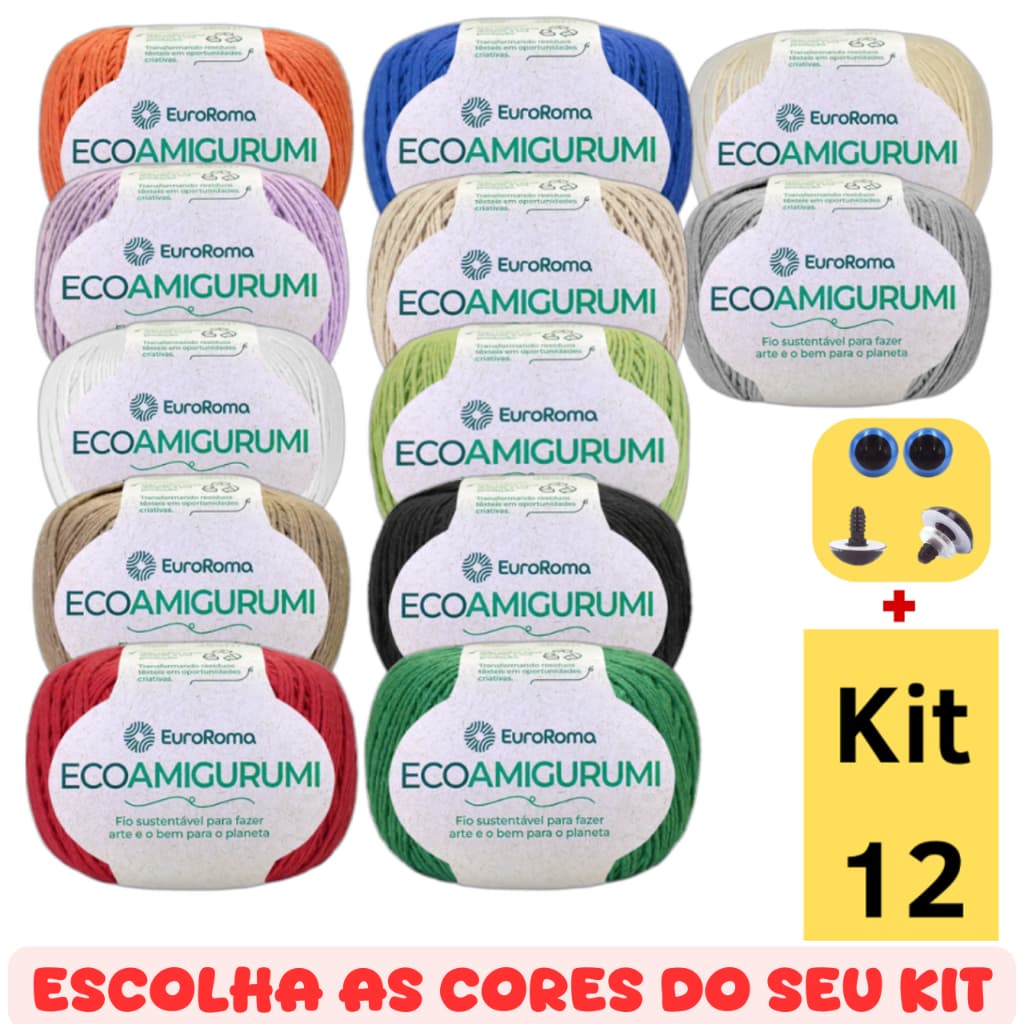 Kit 12 Novelos Ecoamigurumi 254 Metros 160g Euroroma Fio Algodão Ecológico Amigurumi Crochê Tricô
