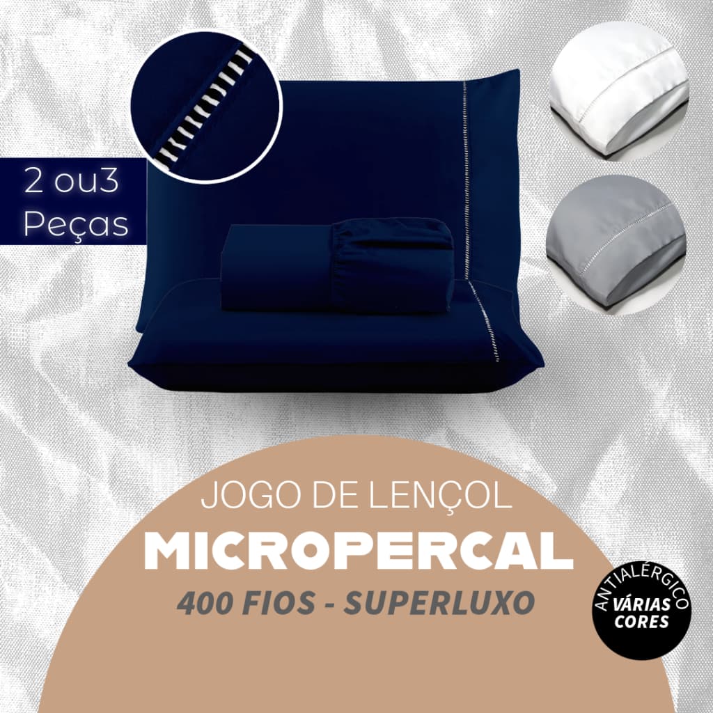 Kit Jogo Lençol com Elástico + Fronha 400 Fios Micropercal Ponto Palito - Solteiro Casal Queen King