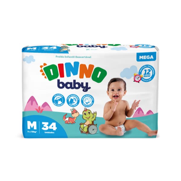 Fralda Infantil Dinno Baby Mega M com 34 Unidades – Proteção até 12h, Suave, Anatômica e Segura