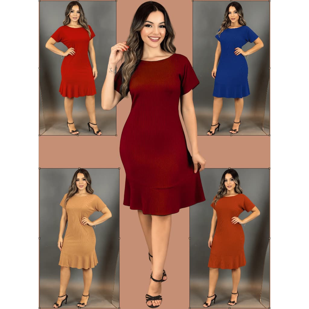 Vestidos Malha Canelado Babado Feminino Com Manga Curta Elegante Modelo Gode