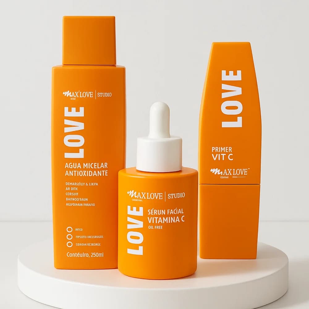 Kit Skincare Max Love Vitamina C – Sérum, Primer e Água Micelar p/ Hidratar e Iluminar a Pele